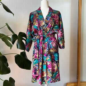 Vintage Tropical Satin Kimono Robe 80s Colorful Floral